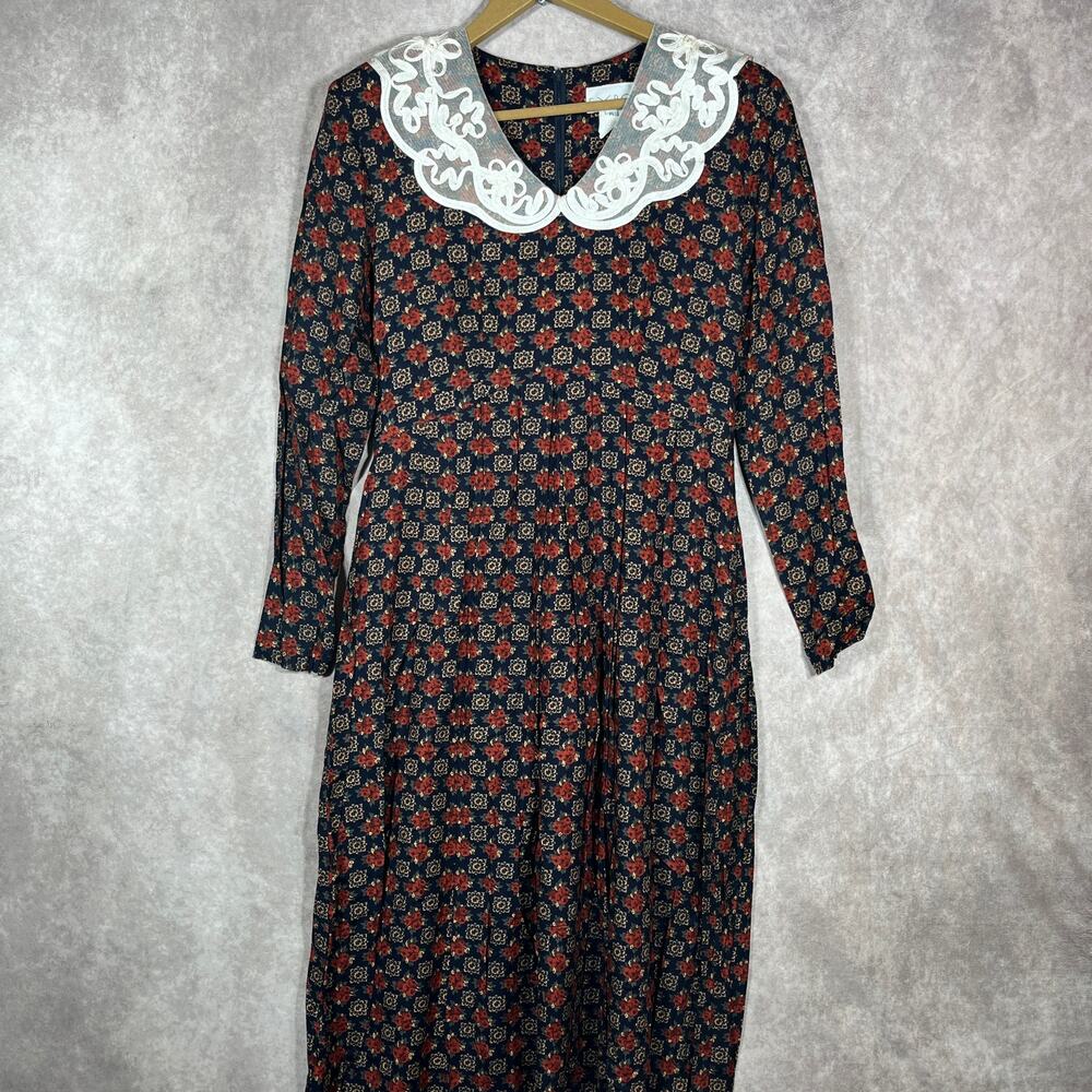 Vintage 80s Expo Maxi Dress Womens Size 6 Blue Floral Lace Collar Long Sleeves‎